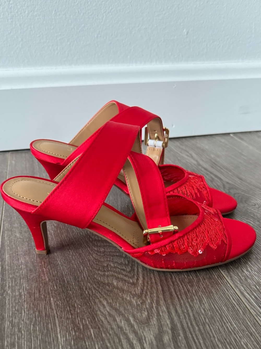 NEW Size 7.5 J.Renee Red Satin Open-Toe Slingback Heels with Fringe